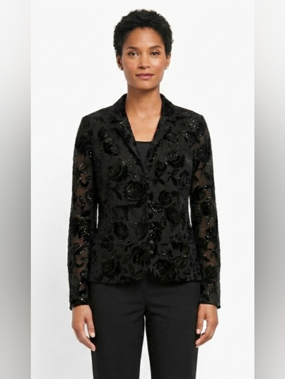 Talbots Black Blazer With Floral Sequin And Velvet Burnout. Size 16